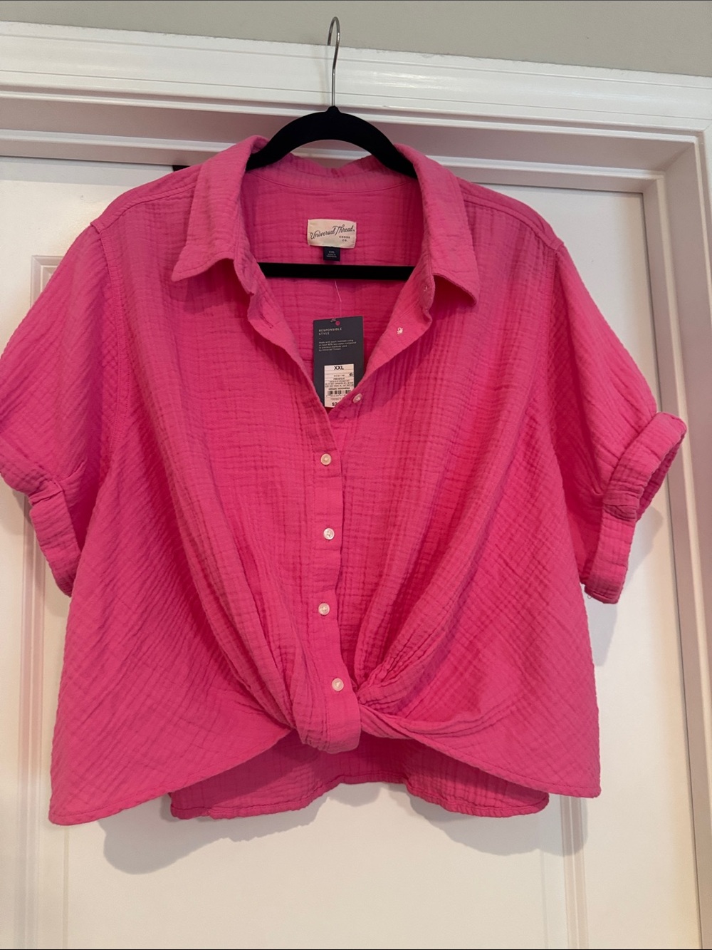 Universal Thread Hot Pink Button-Front Tie Waist Shirt